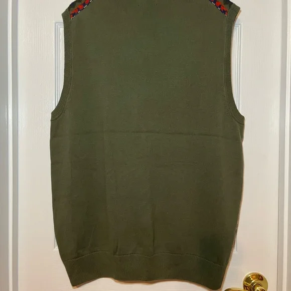 Large Green Chaps Sweater Vest with Orange/Blue Striped V-Neck NWT - Picture 3 of 7